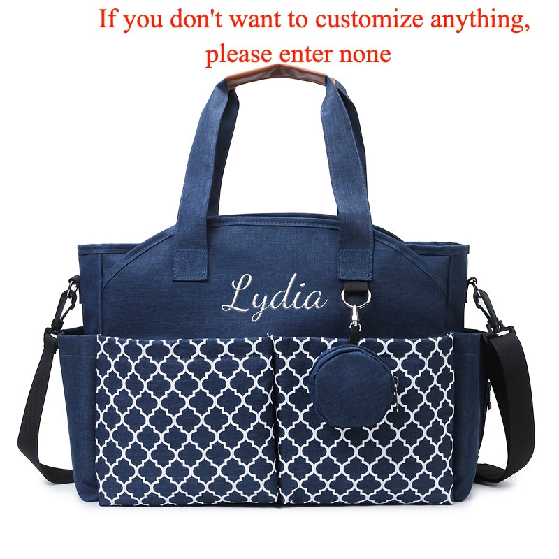 2-in-1 Custom Embroidered Diaper Bag, Personalized Alphabet Quilted Handheld & Crossbody Travel Bag for Mom & Dad, 4 Font Styles, Navy Blue & Grey