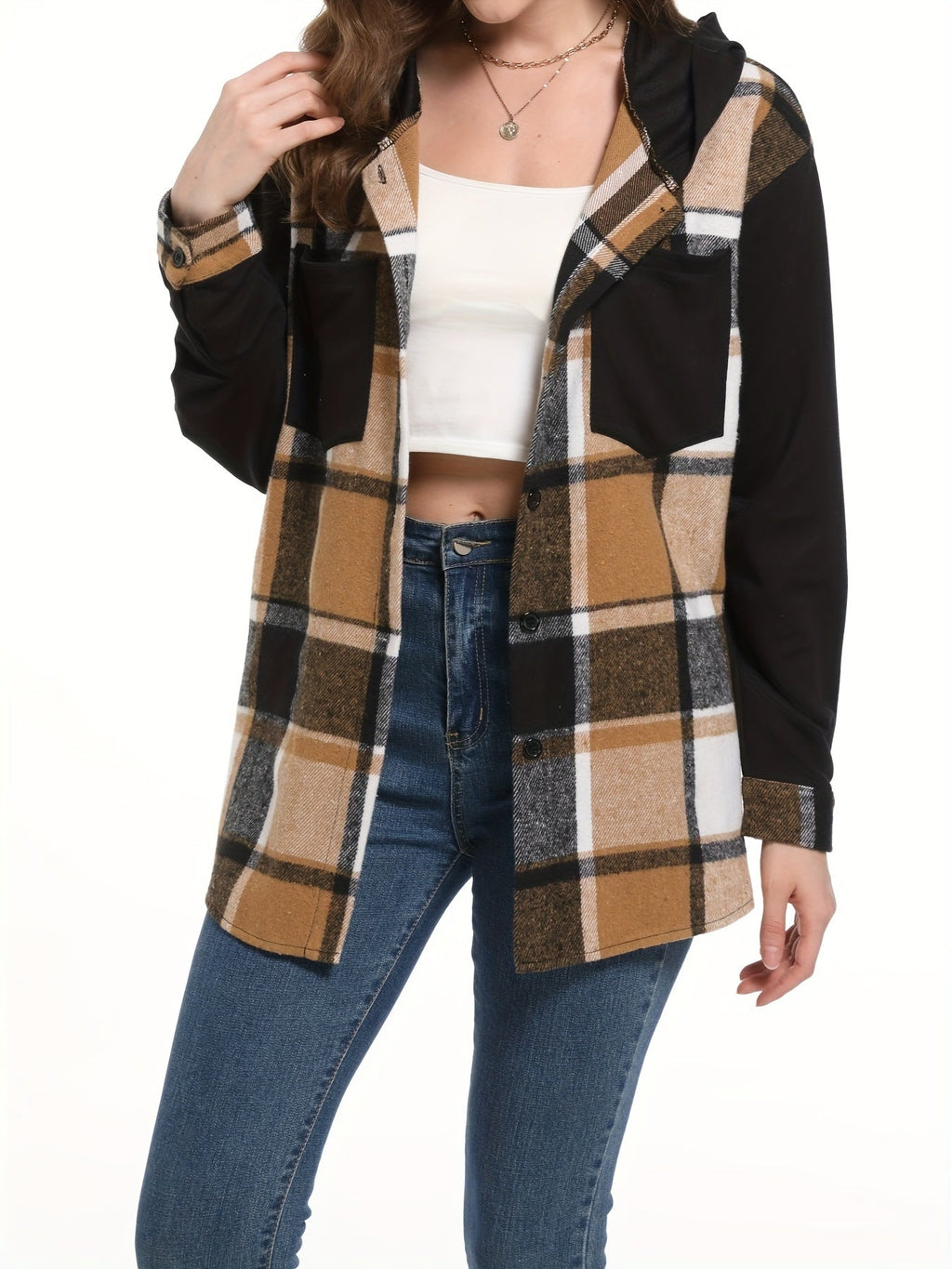 Women's Plaid Hooded Jacket, Drop Shoulder, Woven Patch Pocket, Casual Outerwear, 100% Polyester Suede/PU, Black/White, S, M, XXL