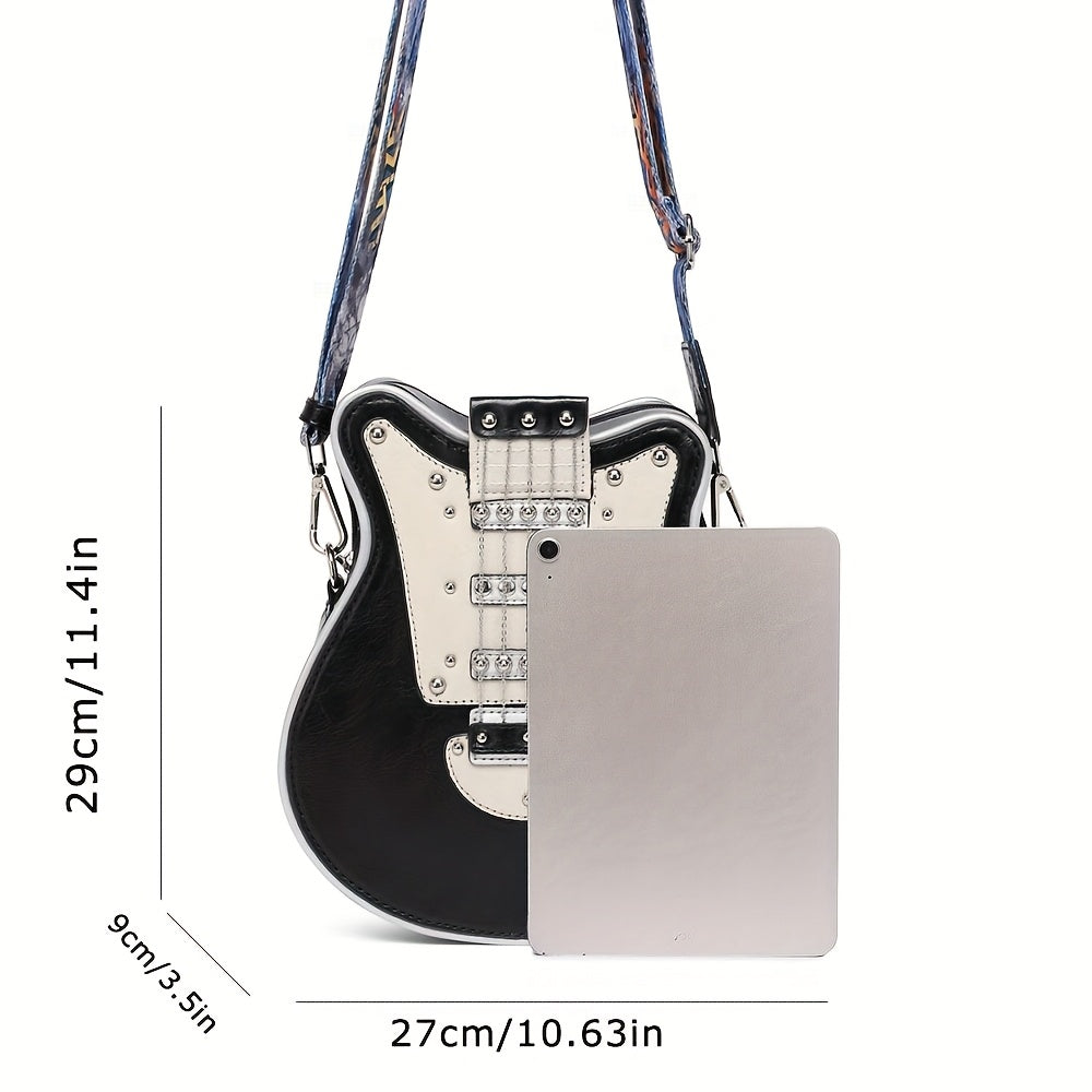 Y2K Retro Guitar Shaped Bag - Crossbody & Shoulder Bag with Chain Rivet Decoration, Color Contrast, Wide Strap, Street Style for Women & Unisex - Yellow, Red, Blue & Black