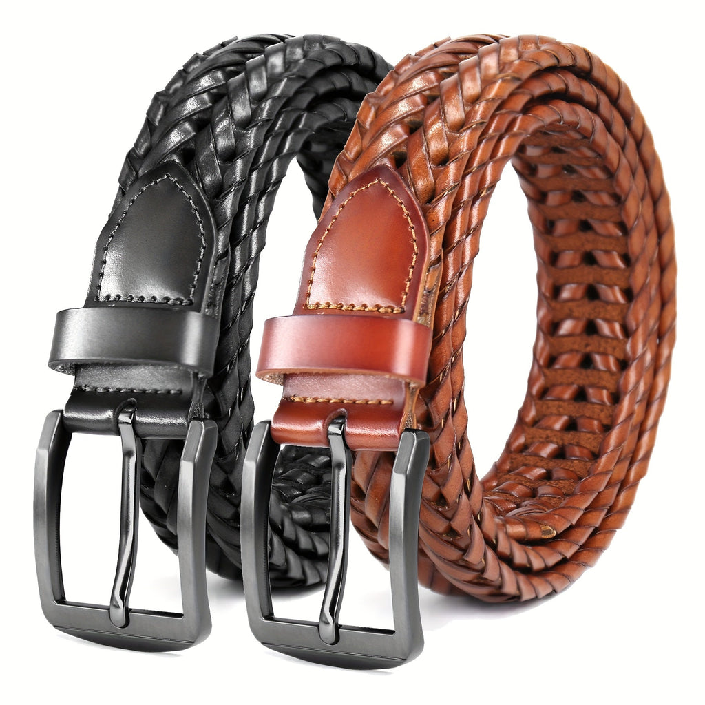 Men's Leather Braided Belt 2-Pack - Casual Dress Belt for Golf Pants, Jeans, and Everyday Wear, Zinc Alloy Buckle, Multiple Colors, Sizes 34-50