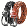 Men's Leather Braided Belt 2-Pack - Casual Dress Belt for Golf Pants, Jeans, and Everyday Wear, Zinc Alloy Buckle, Multiple Colors, Sizes 34-50