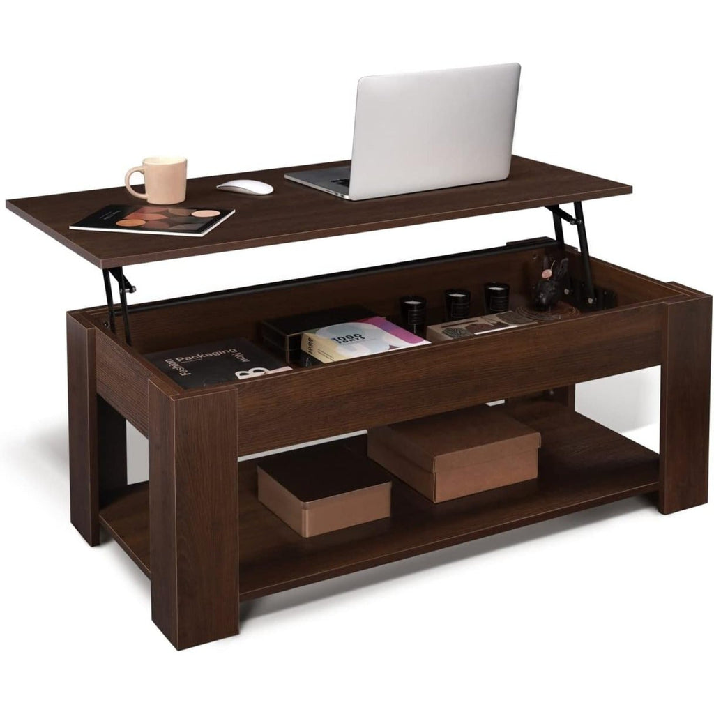 41-Inch Lift Top Coffee Table with Hidden Storage Compartment & Bottom Shelf – Retro Modern Rising Tabletop for Living Room & Home Office, Space-Saving Wood Design, Rustic Brown or Black – Nova Mart