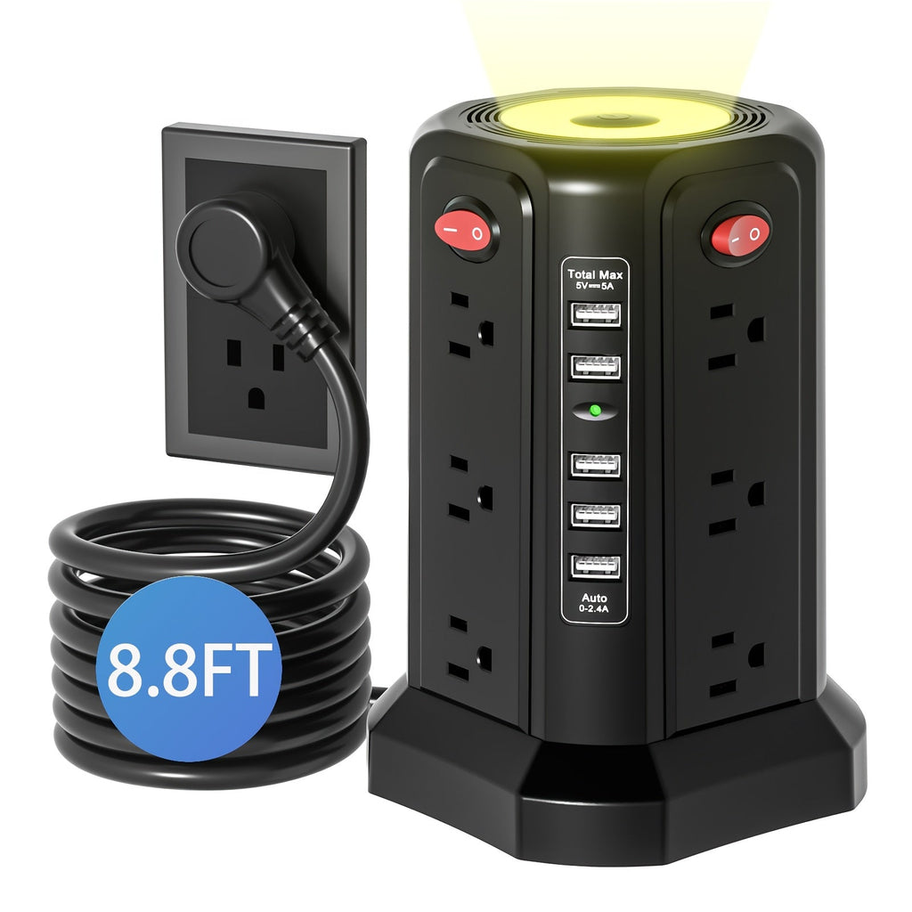 Tower Surge Protector Power Strip, 12 AC Outlets, 5 USB Ports with 18W PD USB-C Fast Charging, 10FT Extension Cord, 1800J Surge Protection, 4 Switches, for Home, Office, Desk, and Dorm Room – Space-Saving Vertical Design