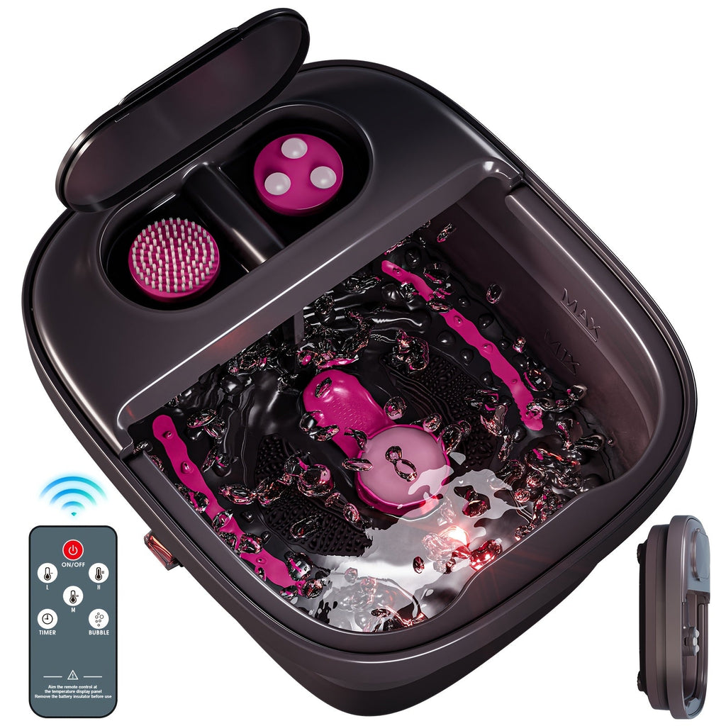 Collapsible Foot Spa with Heat, Bubble & Massage - Remote Temperature Control, 3 Pedicure Attachments, Foldable Foot Bath Tub with Handle, Relaxation Gift for Women Mom - Rose Red