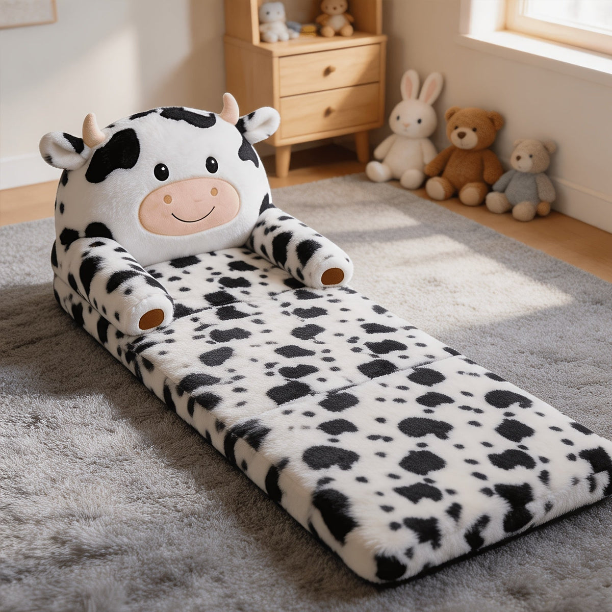 Kids 2-in-1 Convertible Flip-Out Sofa Bed Plush Faux Fur Toddler Couch 27.56×17.72×15.75 In Playroom & Nursery – Black & White / Pink & White Cow Print