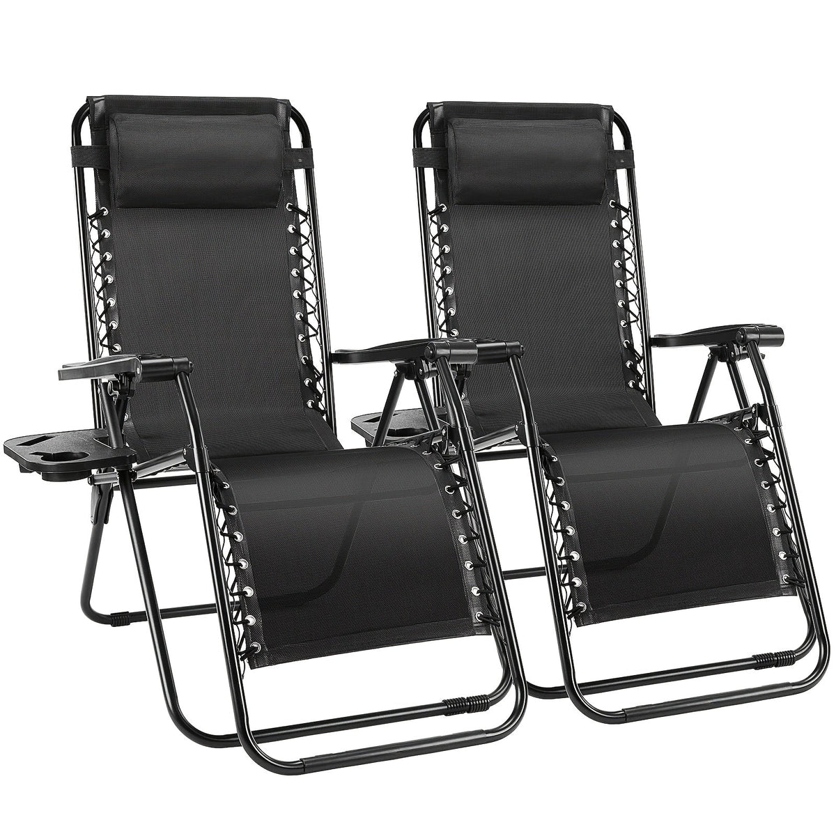 2-Pack Zero Gravity Chairs – Breathable Fabric Adjustable Reclining Outdoor Lounge Chair with Cup Holder Tray & Headrest Pillow for Beach Camping Poolside Backyard & Garden in Black Blue Grey & Khaki