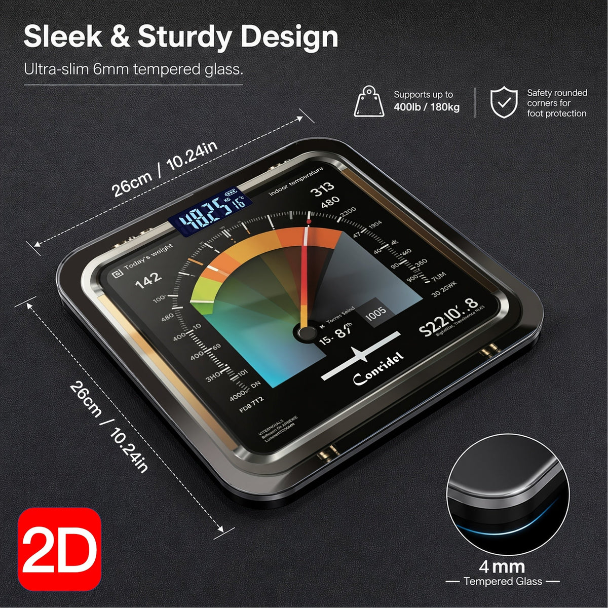 Digital Bathroom Scale 400lb/180kg - HD UV Color Print, Foot Pedal Step-On, Tempered Glass LED Display, Room Temperature & Battery Indicator - Weight Loss Scale