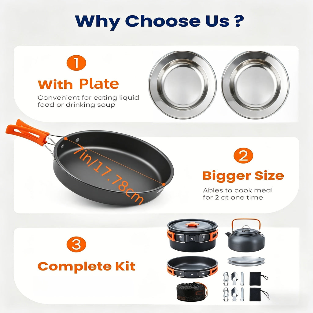 Camping Cookware Mess Kit 8/9/14/15 Piece, Portable Non-Stick Aluminum Alloy Camp Cook Set with Kettle, Pot, Frying Pan, Plates, and Utensils, Lightweight Backpacking Outdoor Cooking Gear for Hiking & Travel
