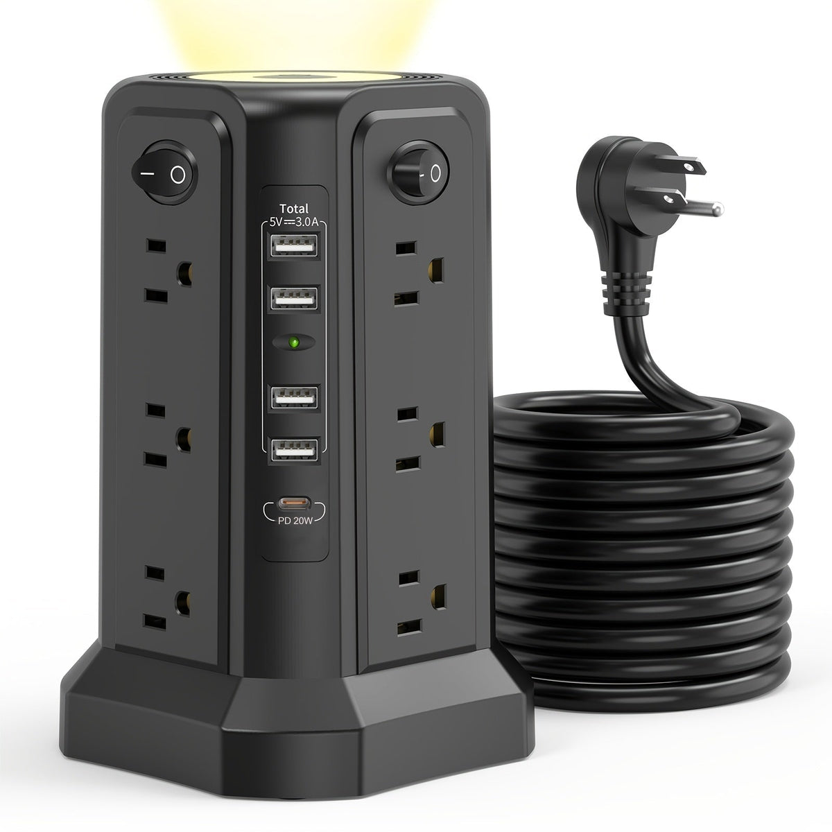 Tower Surge Protector Power Strip, 12 AC Outlets, 5 USB Ports with 18W PD USB-C Fast Charging, 10FT Extension Cord, 1800J Surge Protection, 4 Switches, for Home, Office, Desk, and Dorm Room – Space-Saving Vertical Design