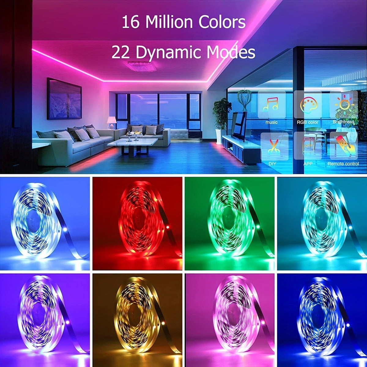 RGB LED Strip Lights App Remote Control Music Sync Dimmable Color Changing Timing – Smart LED Lights for Bedroom, Living Room, and Game Room Decor, 16.4FT to 200FT