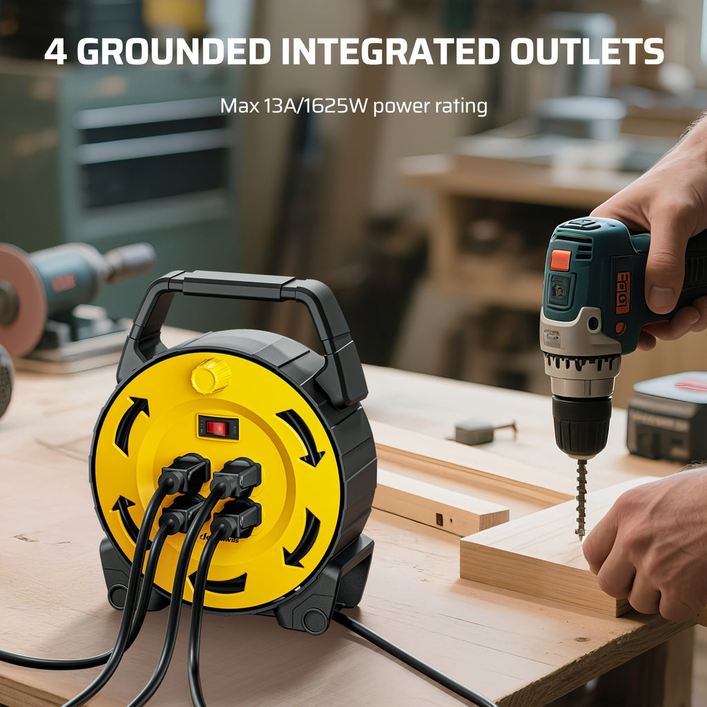 Retractable Extension Cord Reel 27 Ft 13A 125V 16/3C SJTW 4 Grounded Outlets Circuit Breaker LED Power Switch for Garage Workshop Home Blue Yellow Red