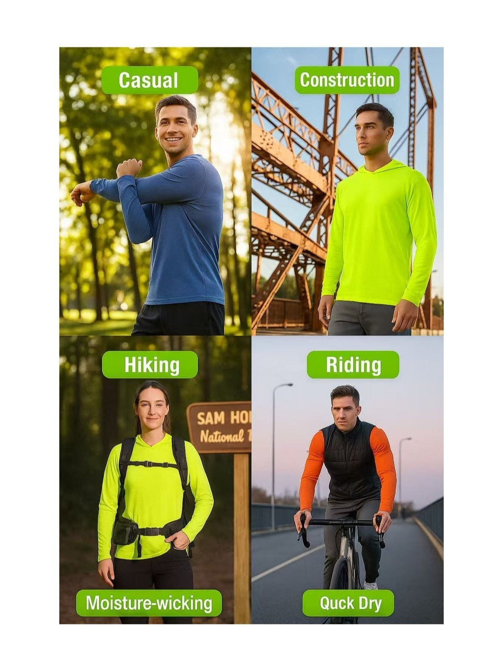 Men's UPF 50+ Sun Protection Hoodie Shirt 3-Pack, Long Sleeve Moisture-Wicking Quick-Dry Breathable Outdoor Performance T-Shirt for Hiking, Fishing, and Running – Sizes S to XXXL, Fluorescent Yellow