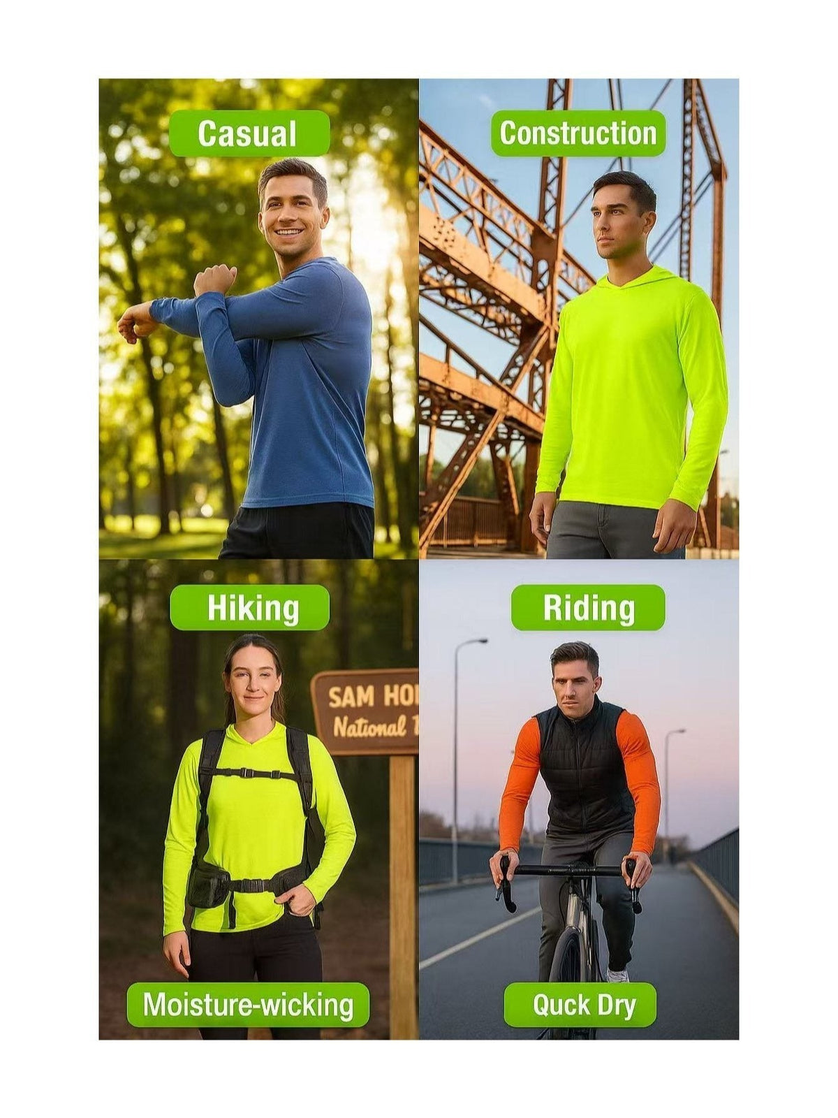 Men's UPF 50+ Sun Protection Hoodie Shirt 3-Pack, Long Sleeve Moisture-Wicking Quick-Dry Breathable Outdoor Performance T-Shirt for Hiking, Fishing, and Running – Sizes S to XXXL, Fluorescent Yellow
