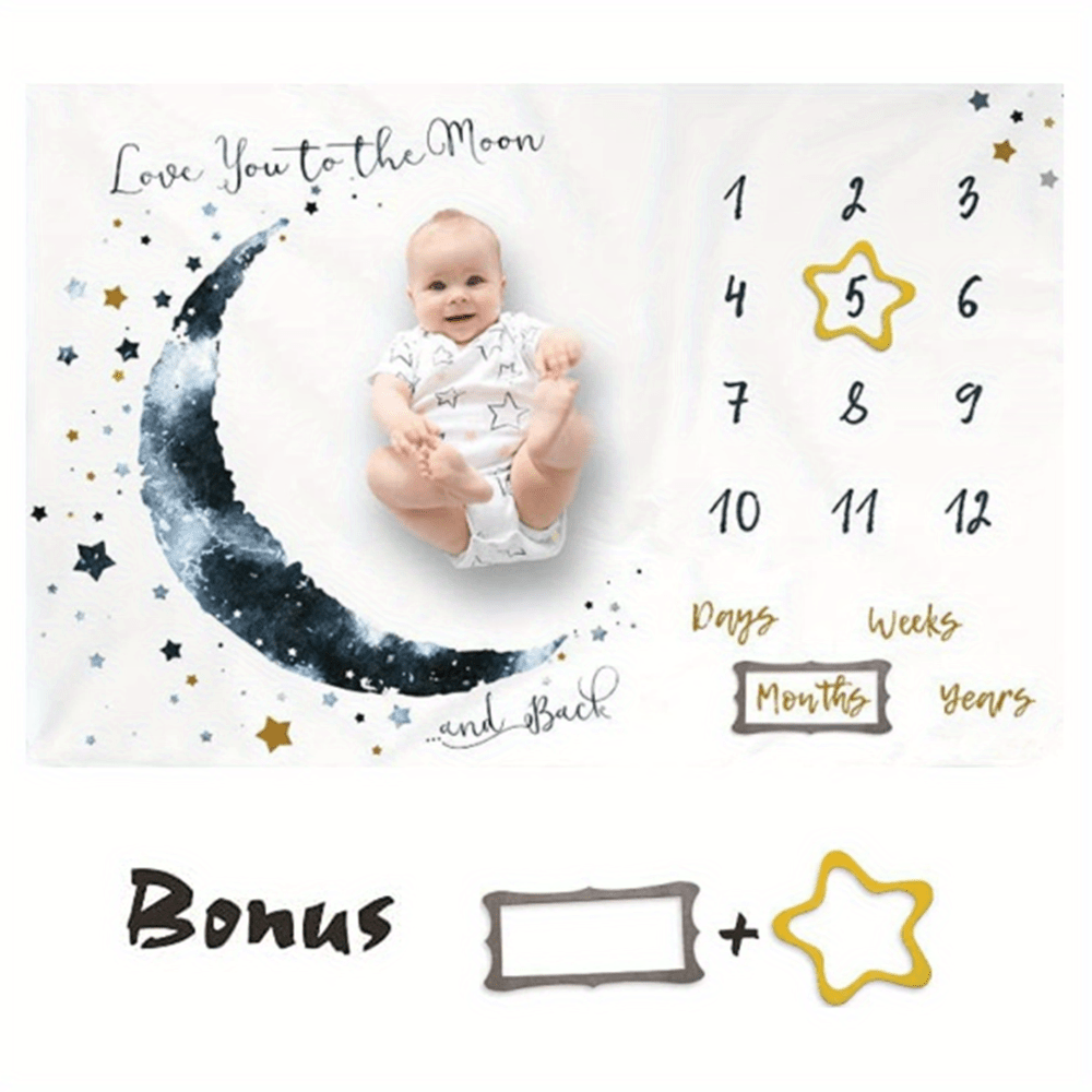 Baby Milestone Blanket for Boys, 60"x40" Extra Large Moon Design Monthly Growth Chart Blanket, First Year Calendar Photo Prop for Newborn & Infant Monthly Photo Shoots