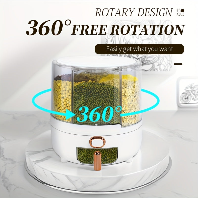 Rotating Cereal Dispenser 6-Grid Large Capacity Airtight Rice Storage Container, Moisture-Proof Insect-Proof Grain Dispenser with Transparent Window & Press Button, Food-Grade PP for Rice, Grains, and Flour