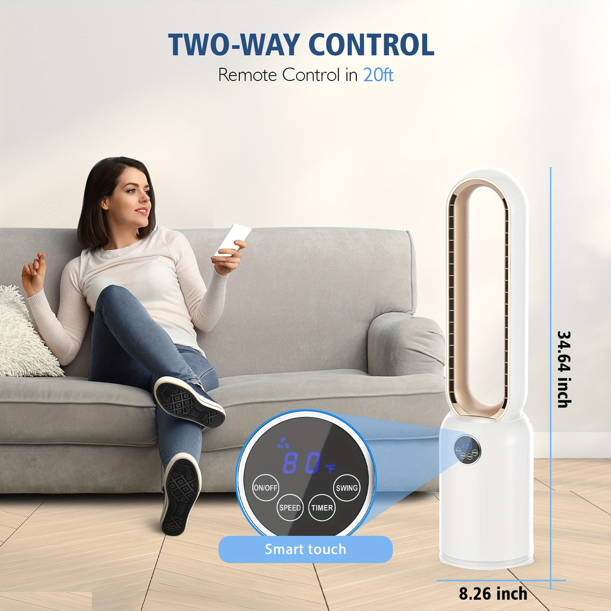 36-Inch Bladeless Tower Fan with Remote & Touch LED Display – 90° Oscillating, 24 Speeds, 12H Timer, 26ft/s Airflow, Quiet Floor Fan for Bedroom, Living Room & Office, Light Grey White Gold Silver – Nova Mart