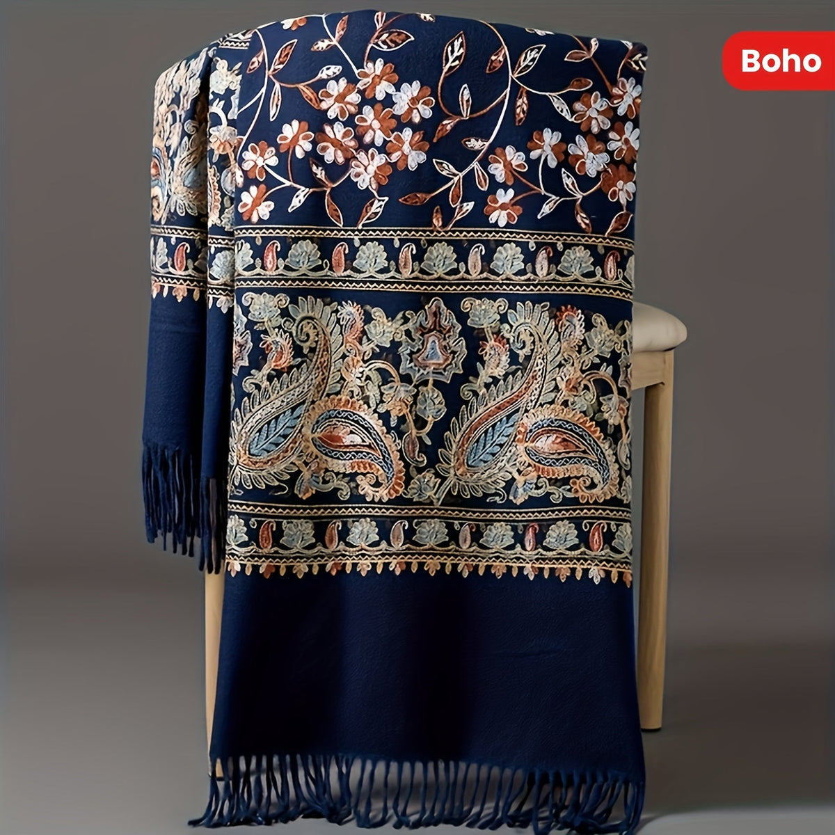 Women's Bohemian Cashmere Shawl Scarf – Vintage Paisley Embroidery with Tassel Trim, Lightweight Warm Wrap for Spring & Fall, 6 Colors, Hand Washable for Casual & Dressy Outfits