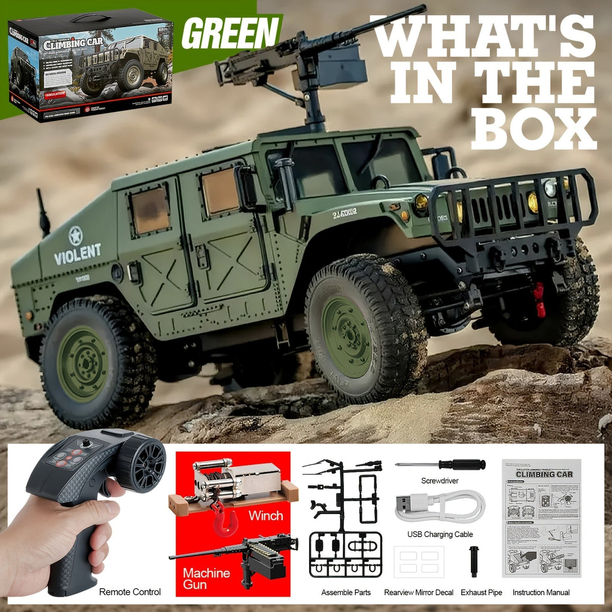 C8835 Full-Scale RC Military Off-Road Vehicle for Adults - Proportional Transmission, Variable Speed, Climbing, Multi-Mode LED Lighting, 5 Openable Doors, Optional Machine Gun & Winch Accessories