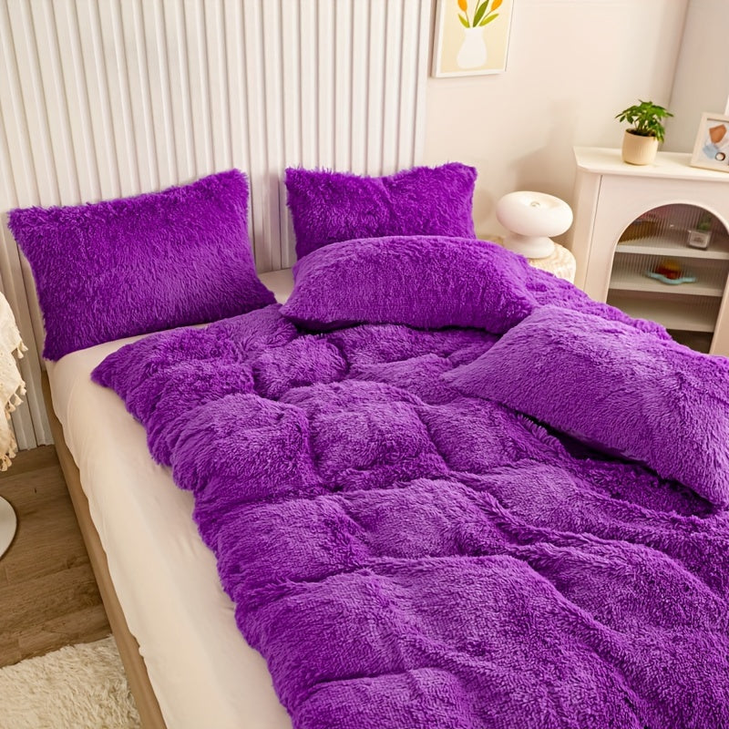 Plush Duvet Cover Set 3 Piece, Long Hair Knitted Polyester, Solid Color Fuzzy Comforter Cover with Zipper Closure, All-Season Soft Cozy Bedding Set for Bedroom, Multiple Colors Available