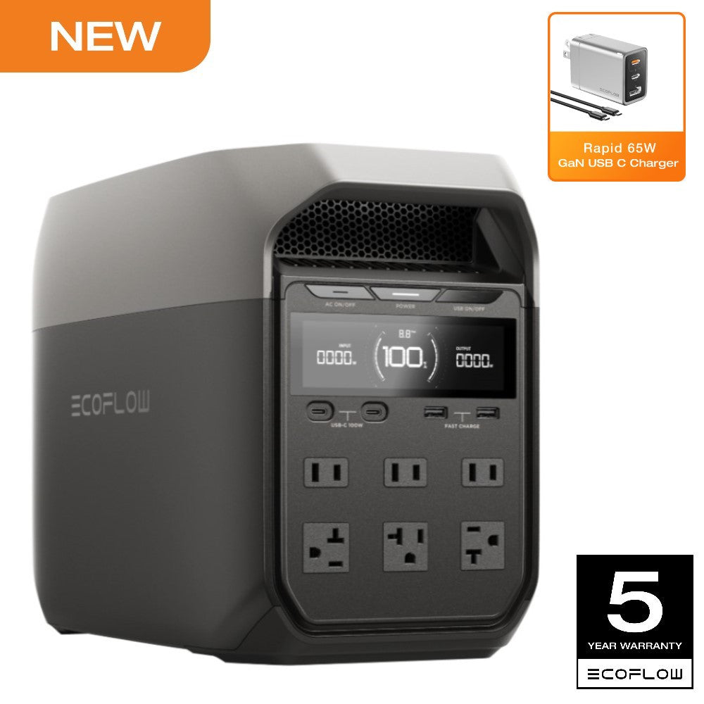 EcoFlow DELTA 3 Portable Power Station 1024Wh LiFePO4 Battery 1800W AC Output Full Charge in 56 Min Expandable 1–5kWh 5 Charging Methods 5-Year Warranty Solar Generator for Home Backup & Outdoors