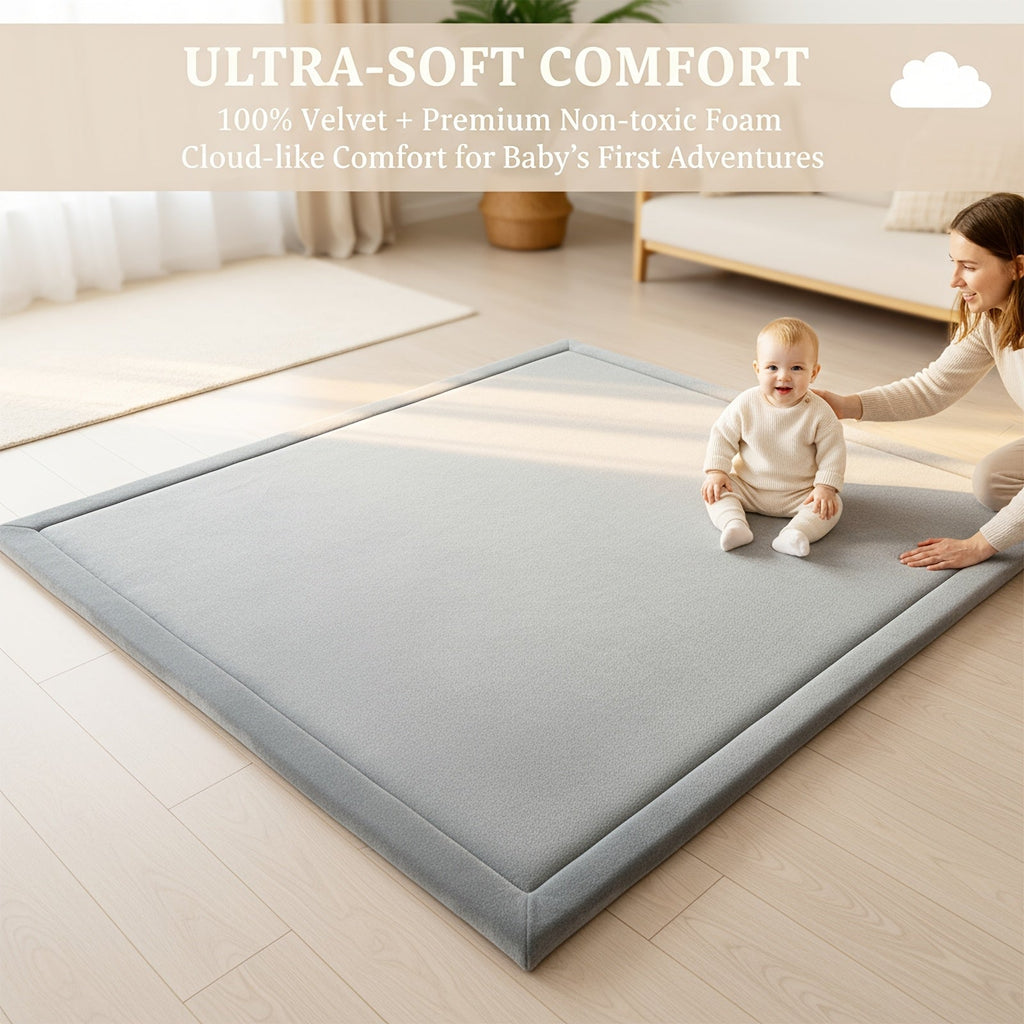 Ultra Soft 1.3" Thick Baby Play Mat, Extra Large Non-Slip Velvet Tummy Time & Crawling Mat for Babies Toddlers & Kids, Easy Care, Gray, 3 Sizes Including 50x50" 79x59" & 71x59"