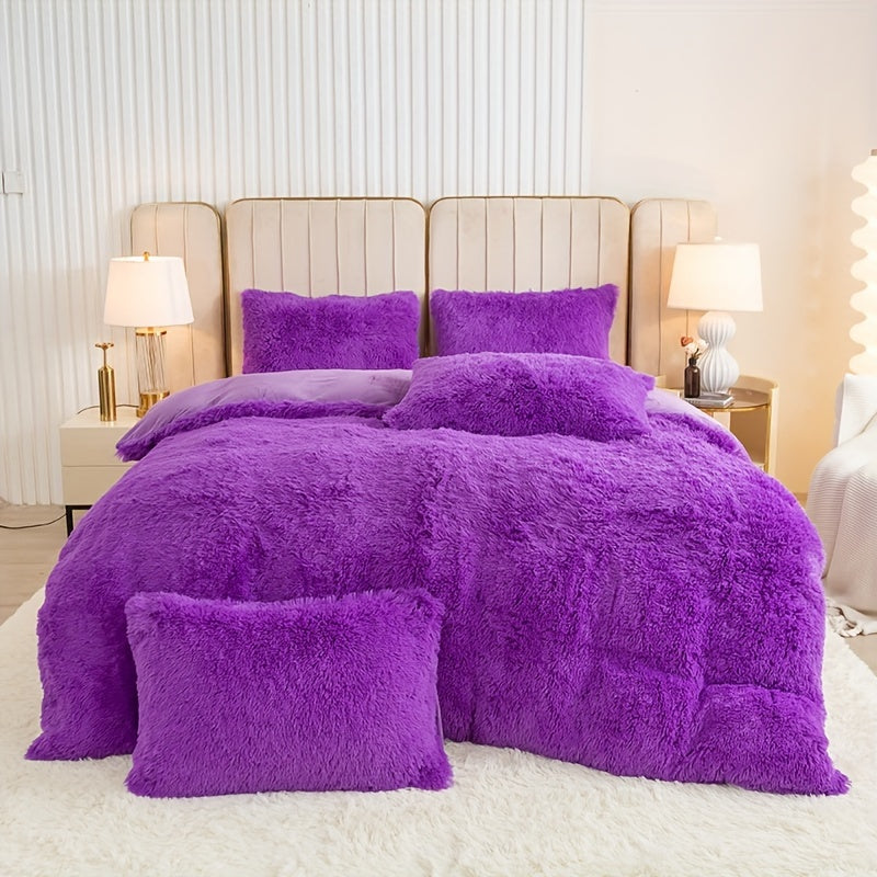 Plush Duvet Cover Set 3 Piece, Long Hair Knitted Polyester, Solid Color Fuzzy Comforter Cover with Zipper Closure, All-Season Soft Cozy Bedding Set for Bedroom, Multiple Colors Available