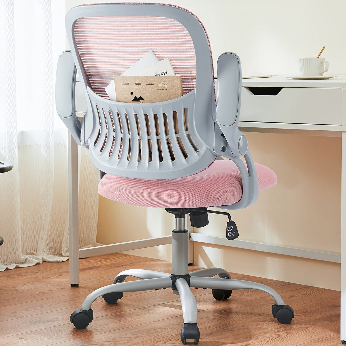 Ergonomic High-Back Mesh Office Chair with Flip-Up Arms, Adjustable Headrest, Lumbar Support & Wheels - Rolling Computer Desk Chair for Home Office, Bedroom, Study (Pink, Grey, Black)