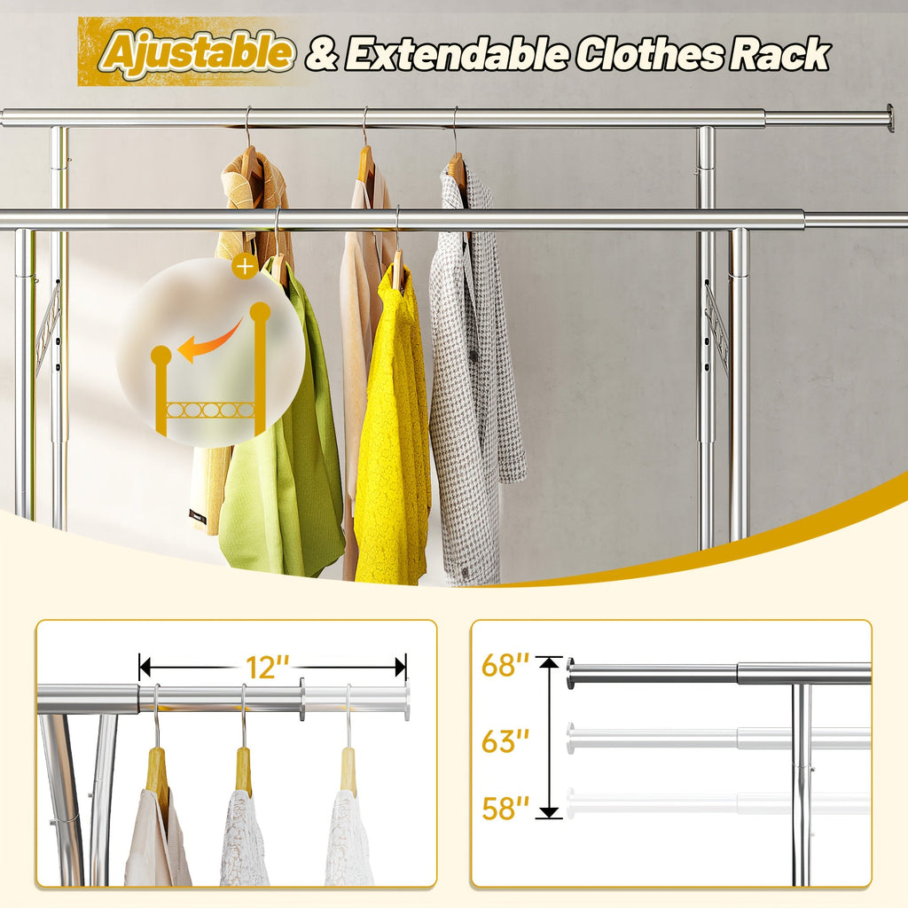 Rolling Clothes Rack, 630 lbs Capacity, 4 Omnidirectional Locking Wheels, Adjustable Height 58"-75", Extendable Width 51"-75", 1.5mm Thick Metal, Umbrella & Shoe Shelf, 10-Min Assembly, for Home, Laundry, Retail