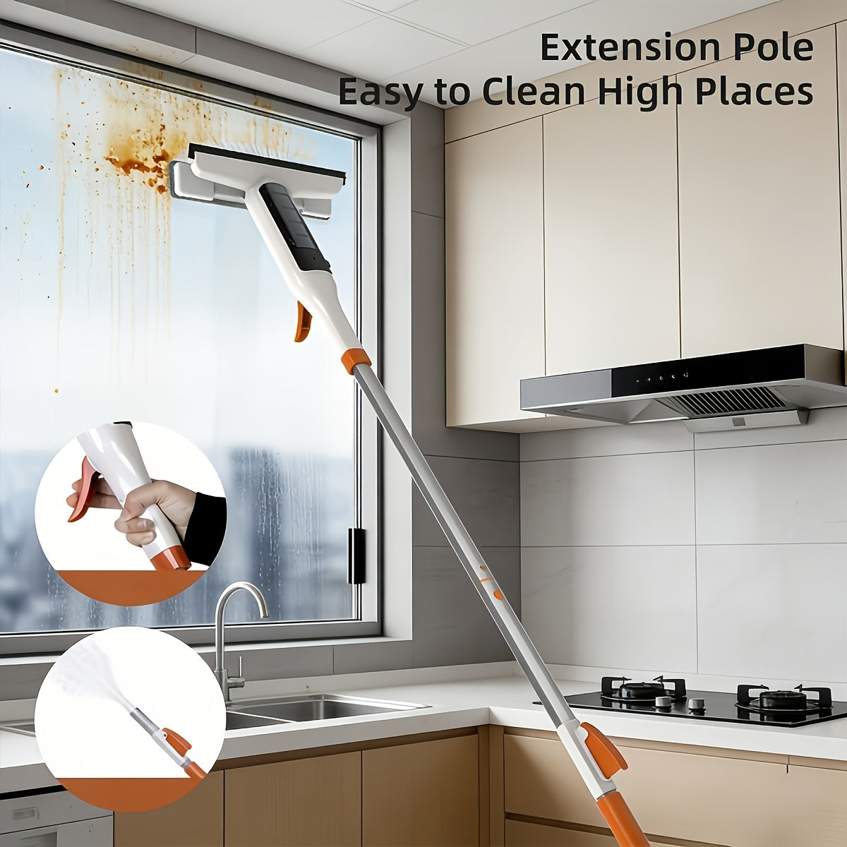 3-in-1 Glass Cleaning Kit with Durable Metal Pole, Squeegee, and Scraper for High Windows, Shower Doors, and Car Windshields – Streak-Free Home Cleaning Tool
