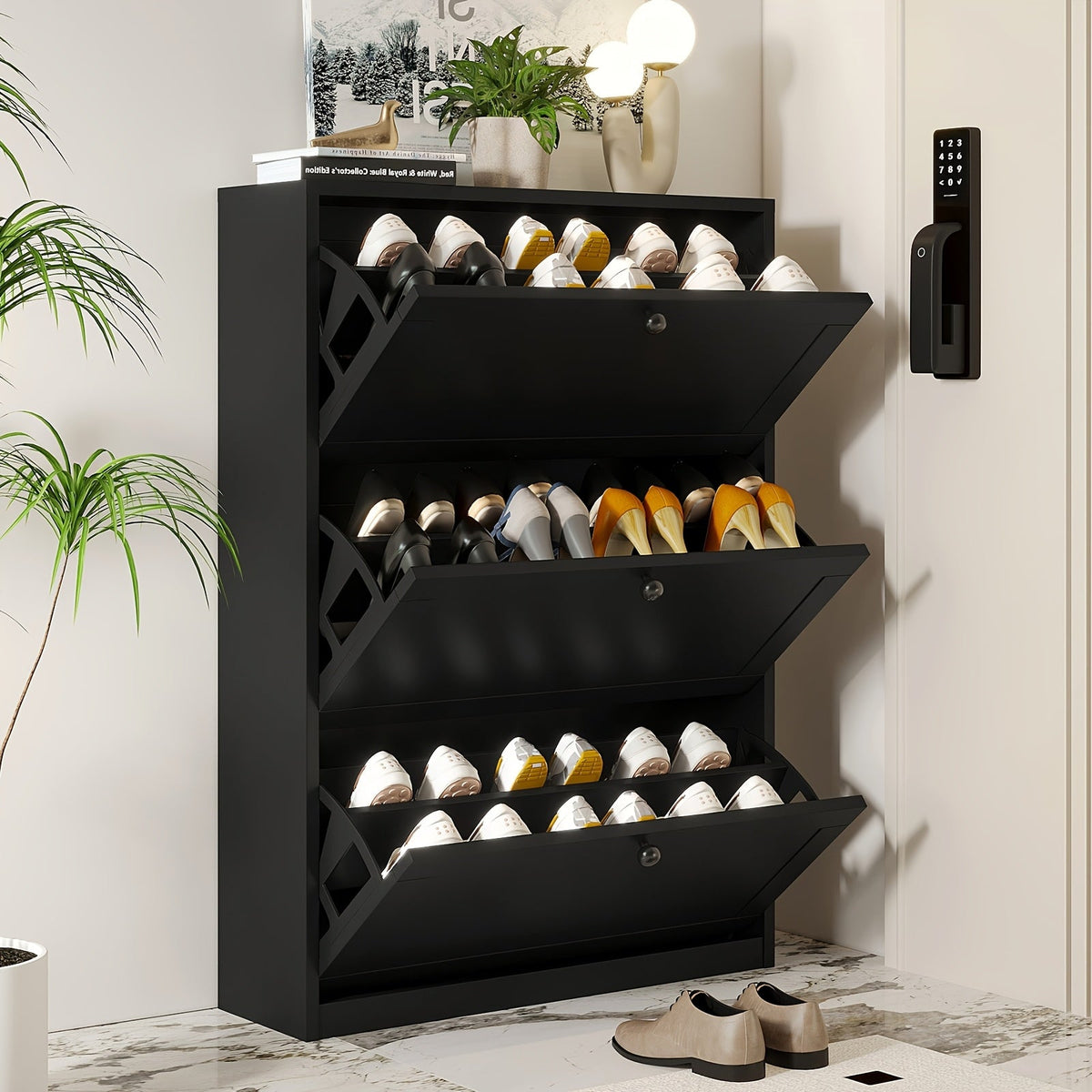 Flip Drawer Shoe Organizer with 2/3/4 Drawers, Space-Saving Shoe Rack Cabinet for Entryway Hallway Living Room Bedroom, Stackable Hidden Storage Shoe Box, Modern Home Shoe Storage Solution