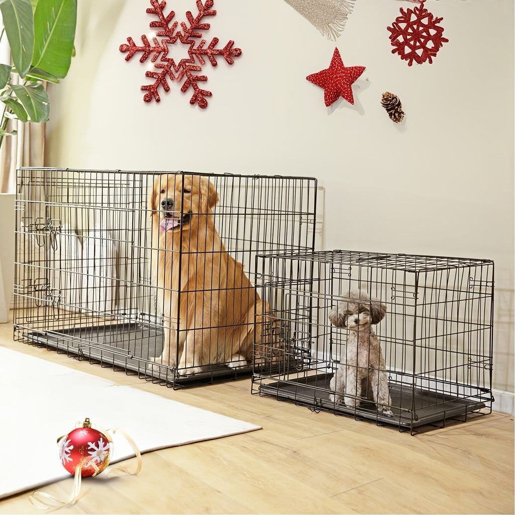 Foldable Double-Door Metal Wire Dog Crate with Divider Panel and Leak-Proof Tray, Indoor/Outdoor Travel Pet Kennel for Small, Medium, Large, and XL Dogs, 4 Sizes Available