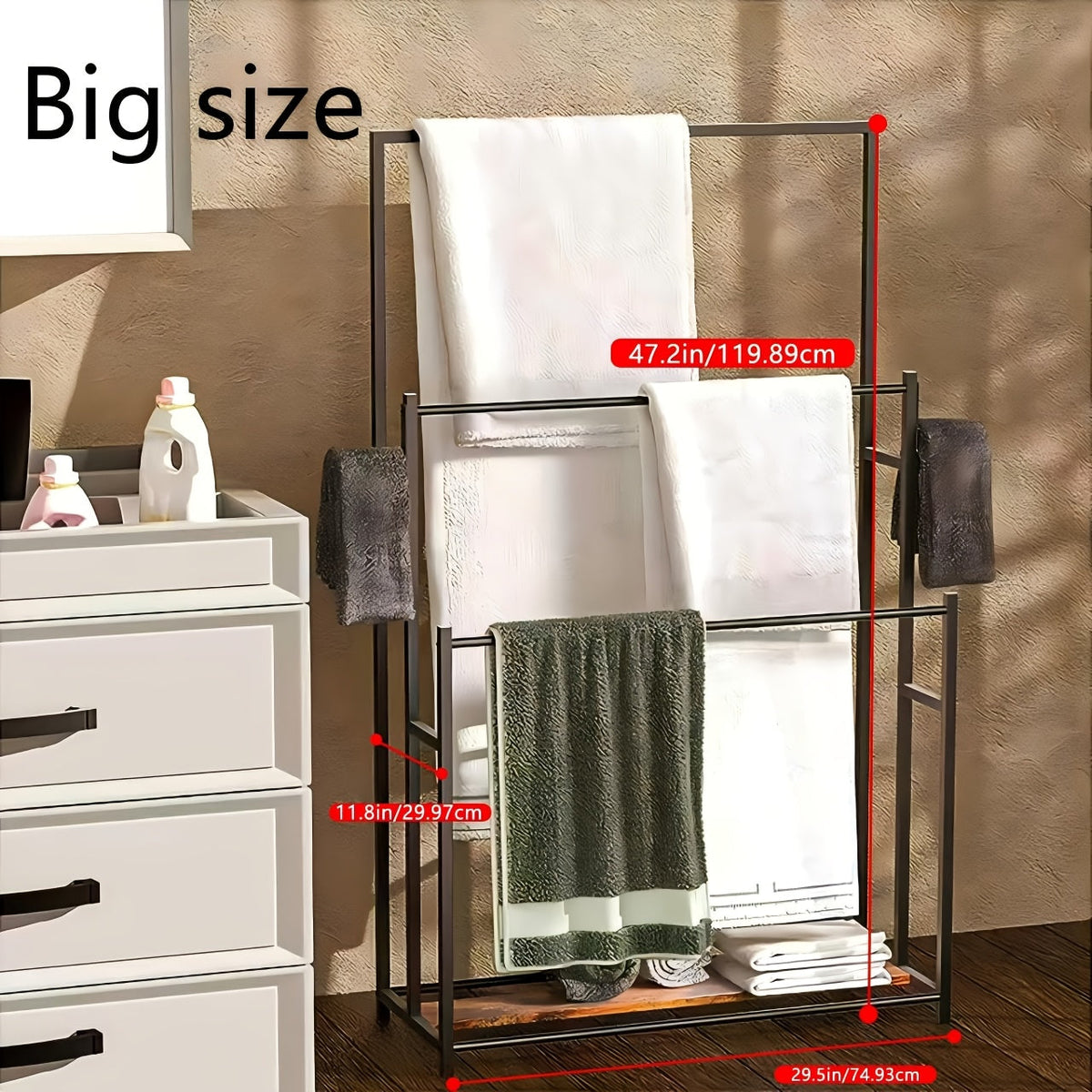 47" 3-Tier Free Standing Floor Towel Rack – Oversized Pool & Bath Towel Drying Rack Blanket Quilt Holder Stand for Bathroom Bedroom Beach Hot Tub Gym & Pool in Black