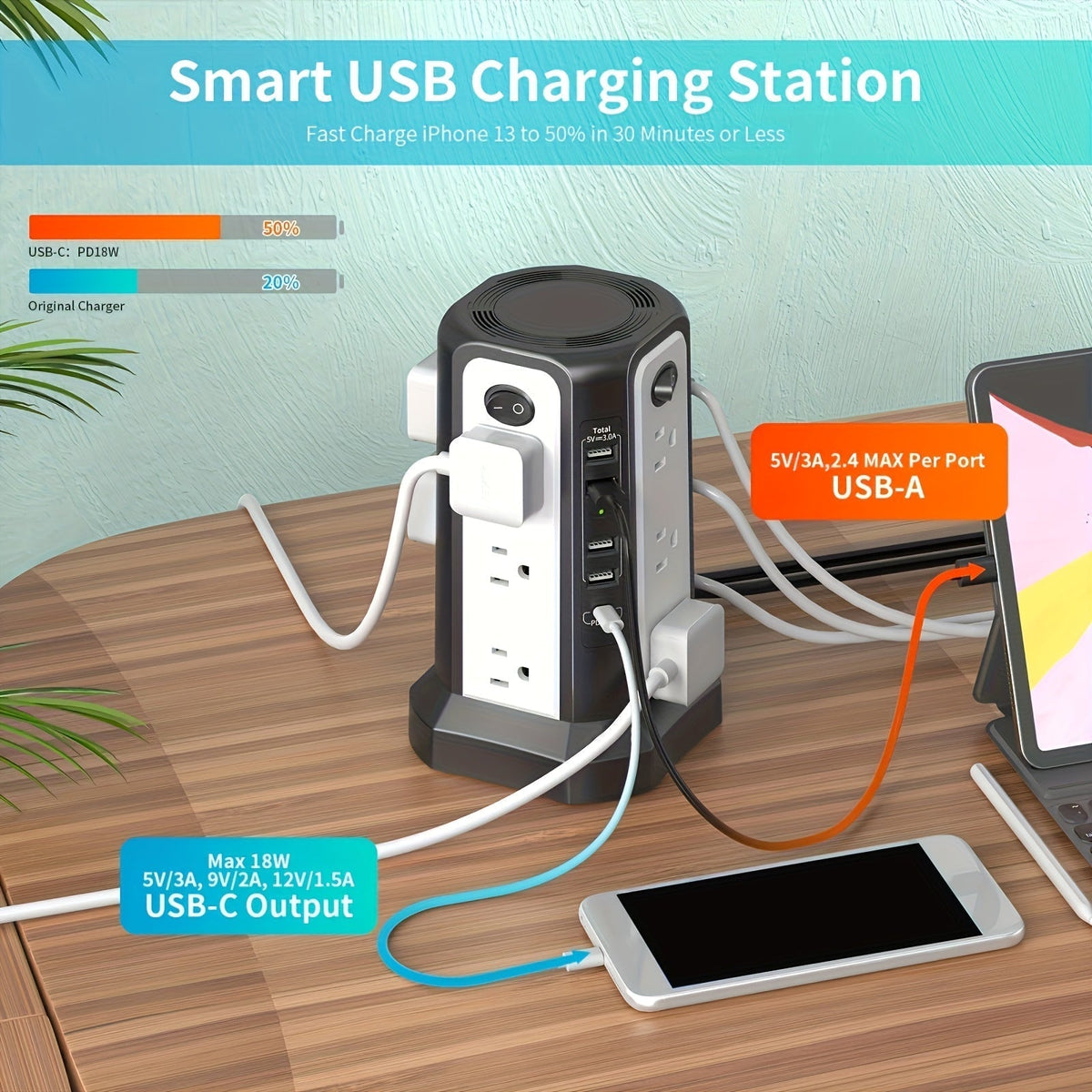 Tower Surge Protector Power Strip, 12 AC Outlets, 5 USB Ports with 18W PD USB-C Fast Charging, 10FT Extension Cord, 1800J Surge Protection, 4 Switches, for Home, Office, Desk, and Dorm Room – Space-Saving Vertical Design