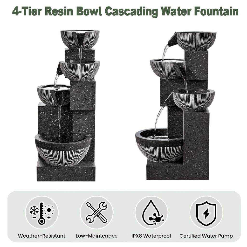 Indoor Water Fountain 4-Tier 18.7" – Cascading Bowl Waterfall with LED Lights & Silent Pump Floor Standing Tabletop Fountain for Home Office Living Room Meditation in Gray