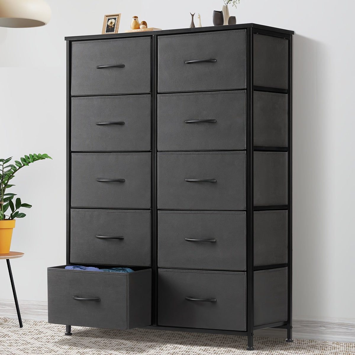 Idle Way 9 & 10-Drawer Bedroom Dresser with Metal Frame & Wood Tabletop, Fabric Closet Organizer Chest Storage Tower for Bedroom, Living Room & Entryway, Coal Black, Black & Grey