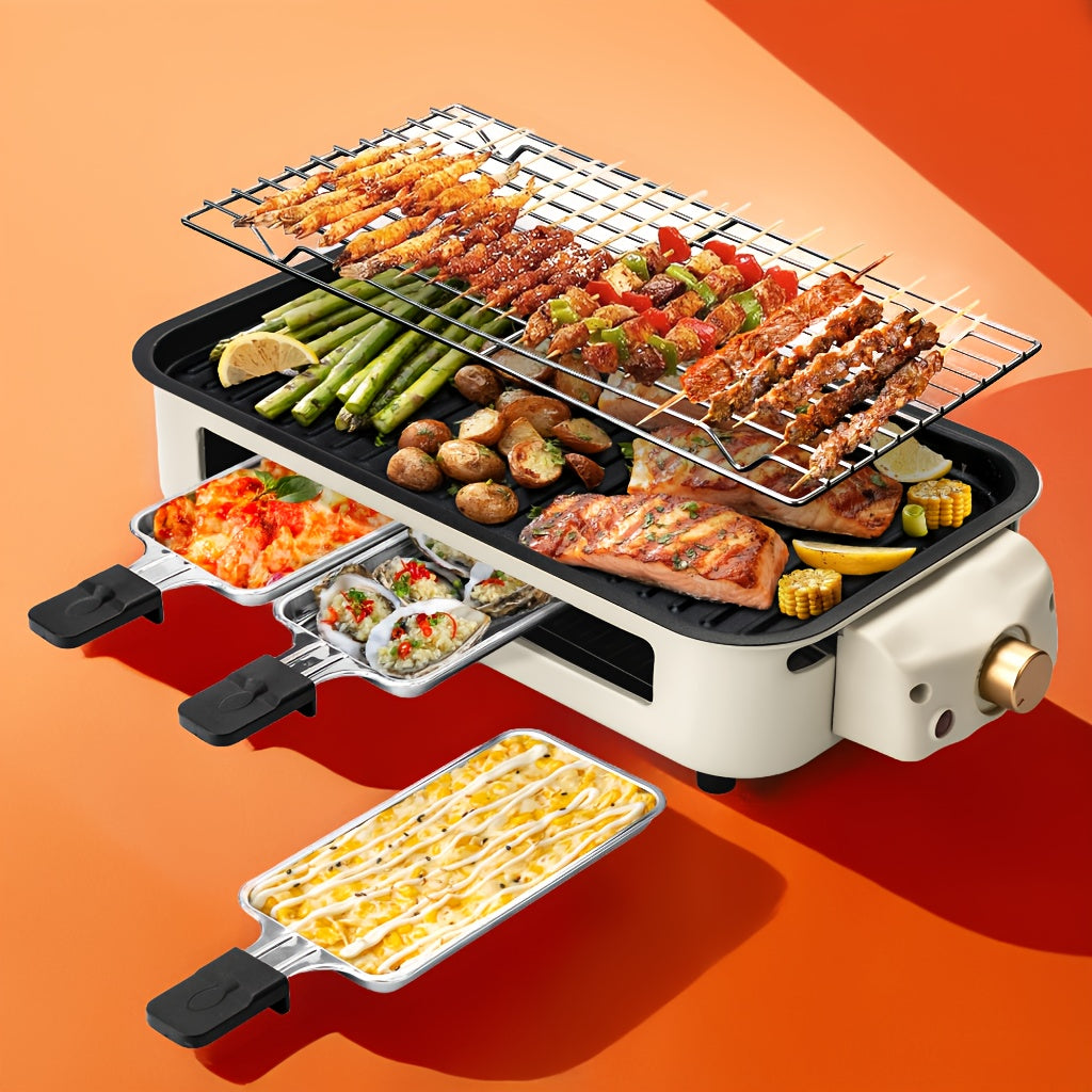 Indoor Smokeless Electric Grill with Raclette Pans - 1500W, 16x9" Non-Stick Detachable Plate, Dishwasher Safe for Grilling, Roasting & Cheese Melting - Beige, Black & Green