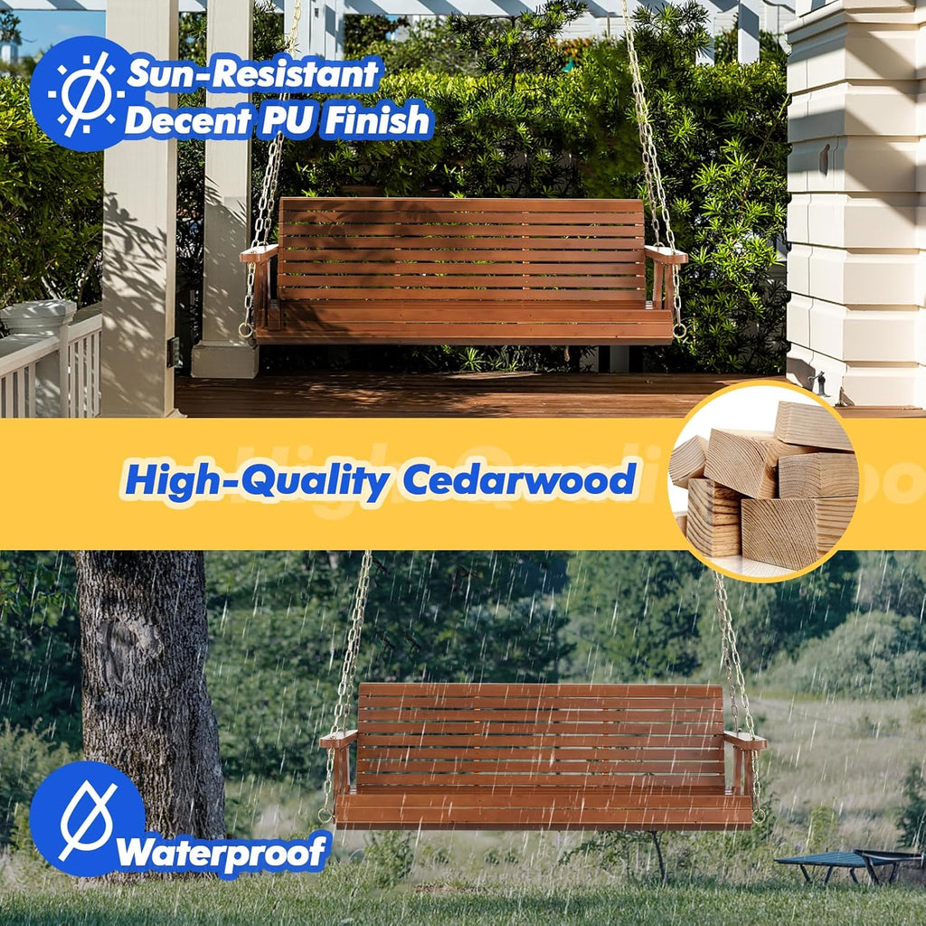 Wooden Porch Swing 880LBS Heavy Duty Ergonomic Curved Seat Adjustable Chains Well-Coated Surface for Patio Garden Courtyard Outdoor Hanging Bench 4FT 5FT Brown Natural