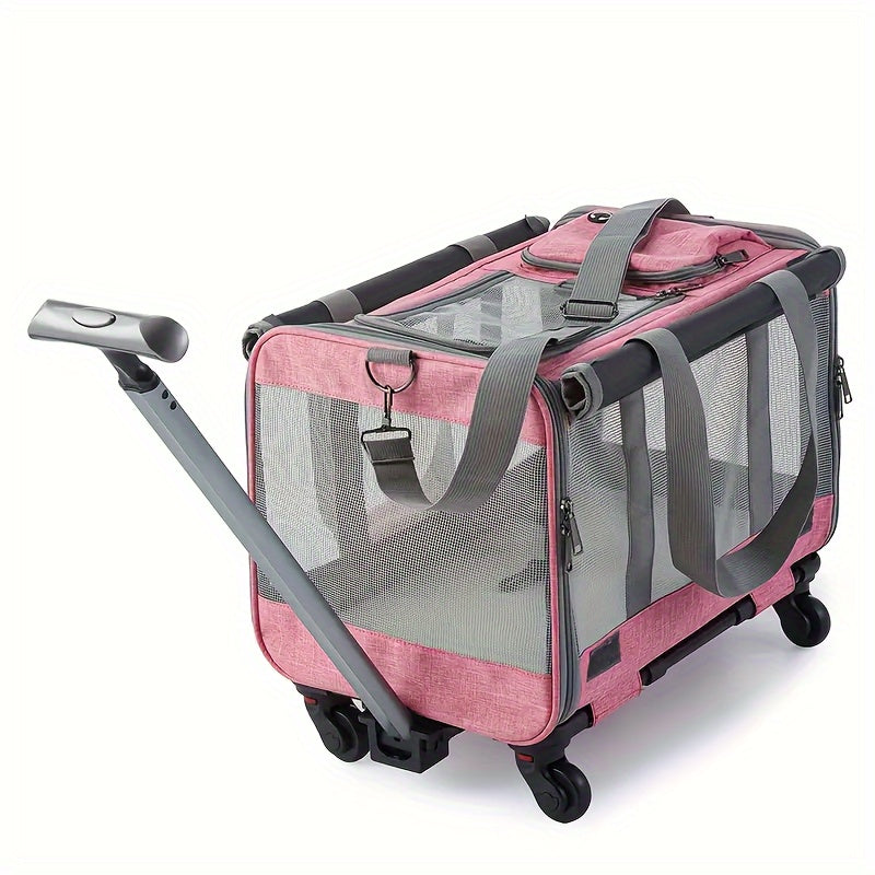 Portable Pet Stroller Carrier with Aluminum Frame & Wheels - Travel Luggage Style Rolling Pet Carrier for Cats and Small Dogs with Pull Handle and Stress-Resistant Plastic Shell - Pink/Blue