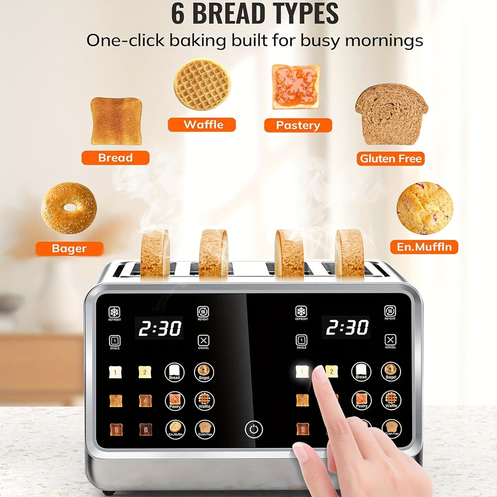 4-Slice Digital Smart Toaster Stainless Steel – Touchscreen Dual Control Panel with Timer Reheat & Defrost for Bagels Bread Waffles