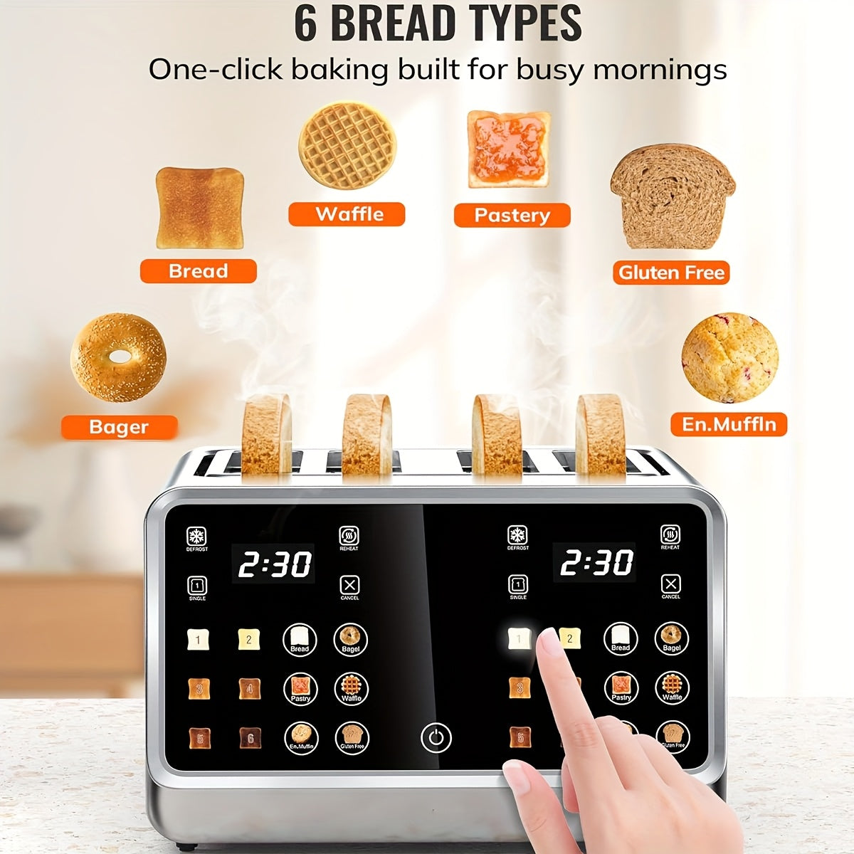 4-Slice Digital Smart Toaster Stainless Steel – Touchscreen Dual Control Panel with Timer Reheat & Defrost for Bagels Bread Waffles