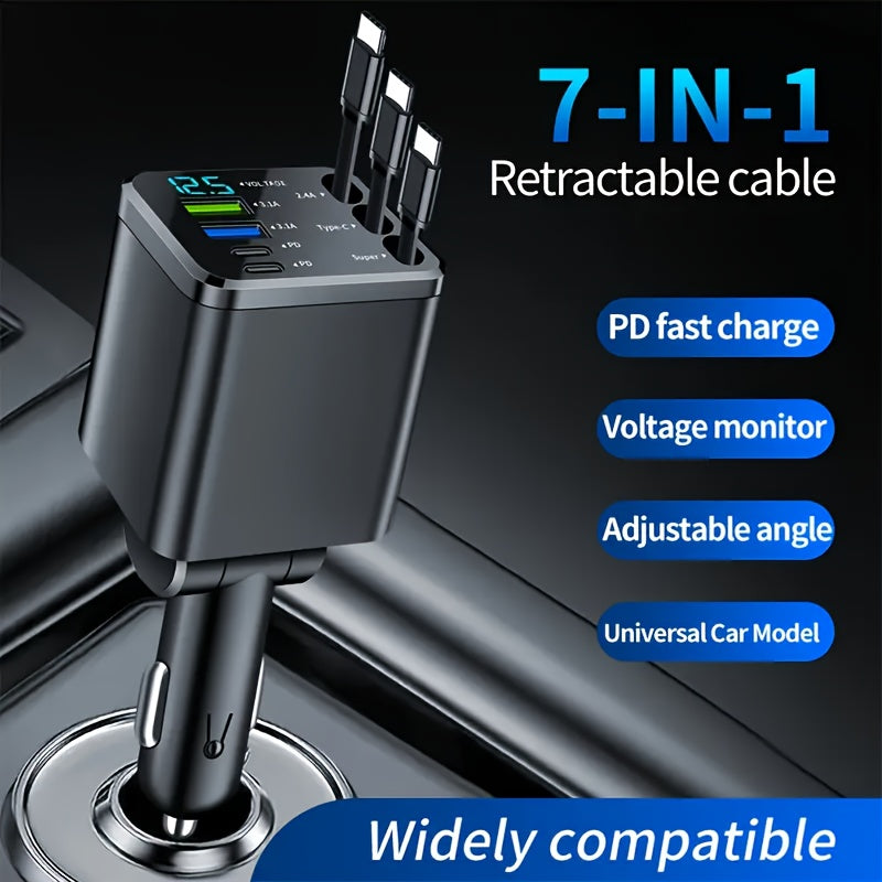 7-in-1 Fast Car Charger with 3 Retractable Cables, LED Digital Display, and 180° Adjustable Universal Plug - Multi-Port Car Phone Charger for iPhone, Android, and USB-C