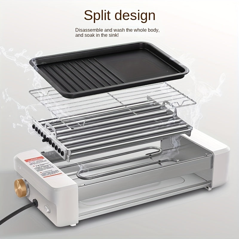 4-in-1 Electric Sausage Grill – Non-Stick Countertop with Adjustable Temperature Detachable Panel Silicone Oil Brush & Three-Tray Dish Easy to Clean for Kitchen & Dormitory Use in White