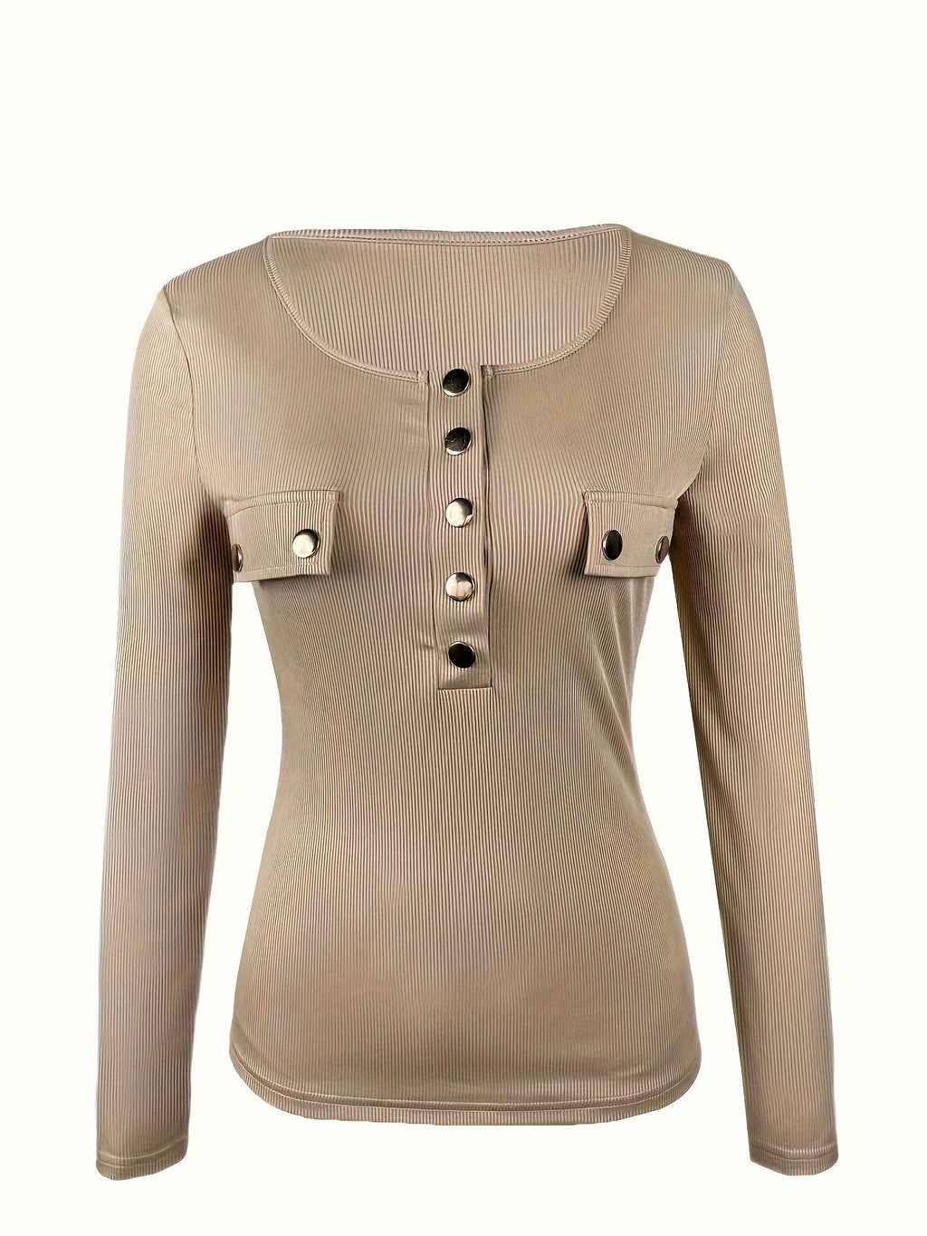 Women's Ribbed Knit Long Sleeve Crew Neck Button Detail Slim Fit Stretchy T-Shirt Casual Chic Fall Winter Basic Tee Apricot S-XL