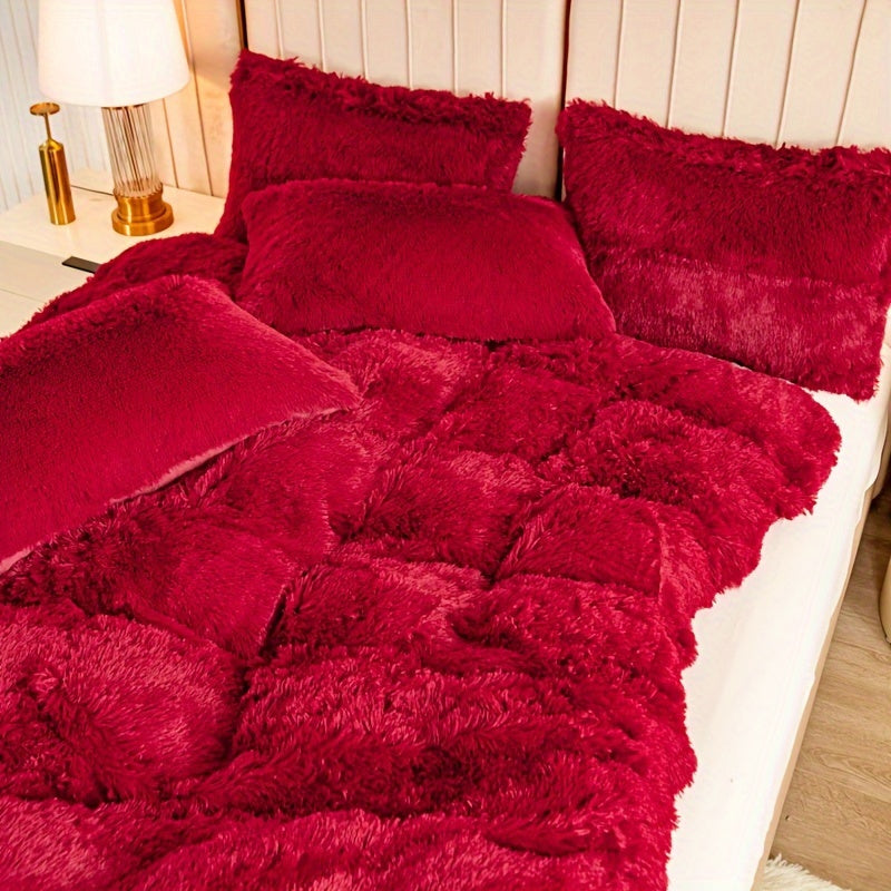 Plush Duvet Cover Set 3 Piece, Long Hair Knitted Polyester, Solid Color Fuzzy Comforter Cover with Zipper Closure, All-Season Soft Cozy Bedding Set for Bedroom, Multiple Colors Available