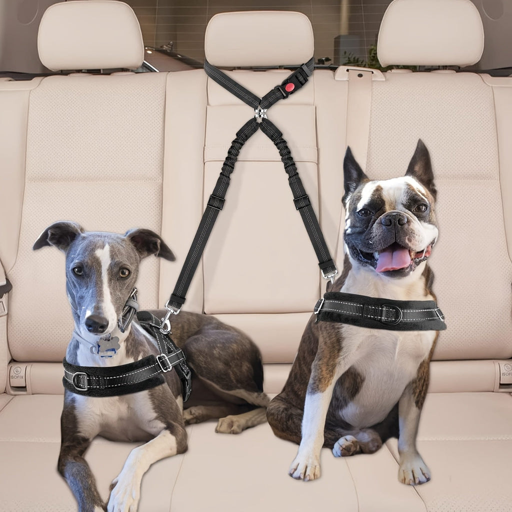 Dual Dog Car Seat Belt for 2 Dogs, No-Tangle Headrest Restraint, Adjustable Bungee Pet Safety Harness for Small, Medium, and Large Dogs for Car Travel