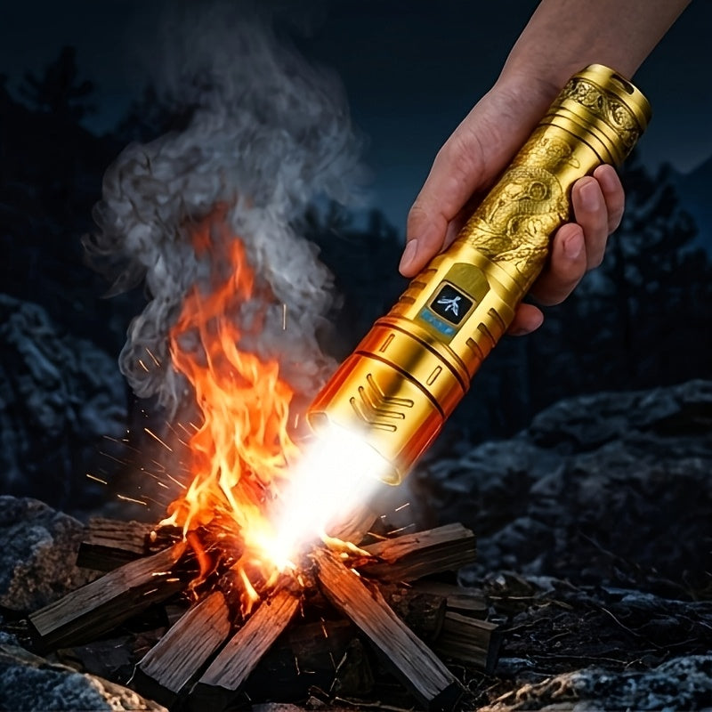 SKYFIRE LED Rechargeable Flashlight 4000mAh Golden Dragon Pattern Ignition Lens Zoom & 4 Modes for Camping Outdoor & Household Use – Gold