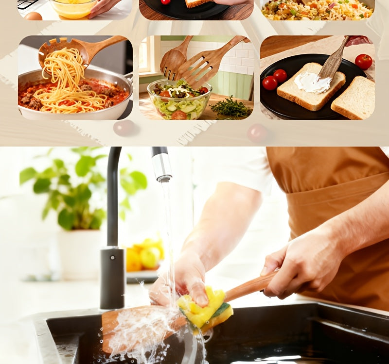 10-Piece Natural Teak Wooden Kitchen Utensils Set - Cooking Spoons, Spatulas & Turner, Non-Stick Safe, Heat Resistant, Eco-Friendly Wood Cookware Tools for Home Kitchen