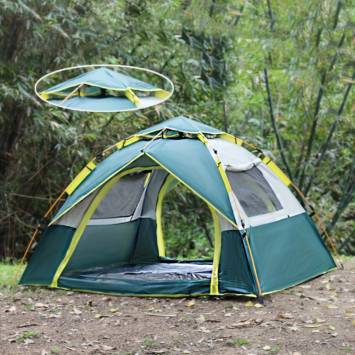 4-Person Pop-Up Camping Tent, Instant Setup with UV Protection, Insect Netting & Sunshade, Automatic Family Tent in Dark Green for Beach, Park, Camping, Hiking, and Outdoor Adventures, Featuring Sturdy Zippers & Support Poles