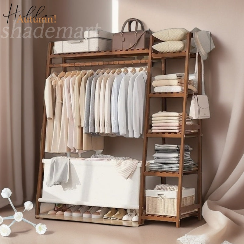 Bamboo Clothes Rack with Shelves Hat Hooks & Storage Bag – Adjustable Multi-Capacity Clothing Stand for Bedroom Closet in 32 / 51 / 75 Inch Brown & Natural