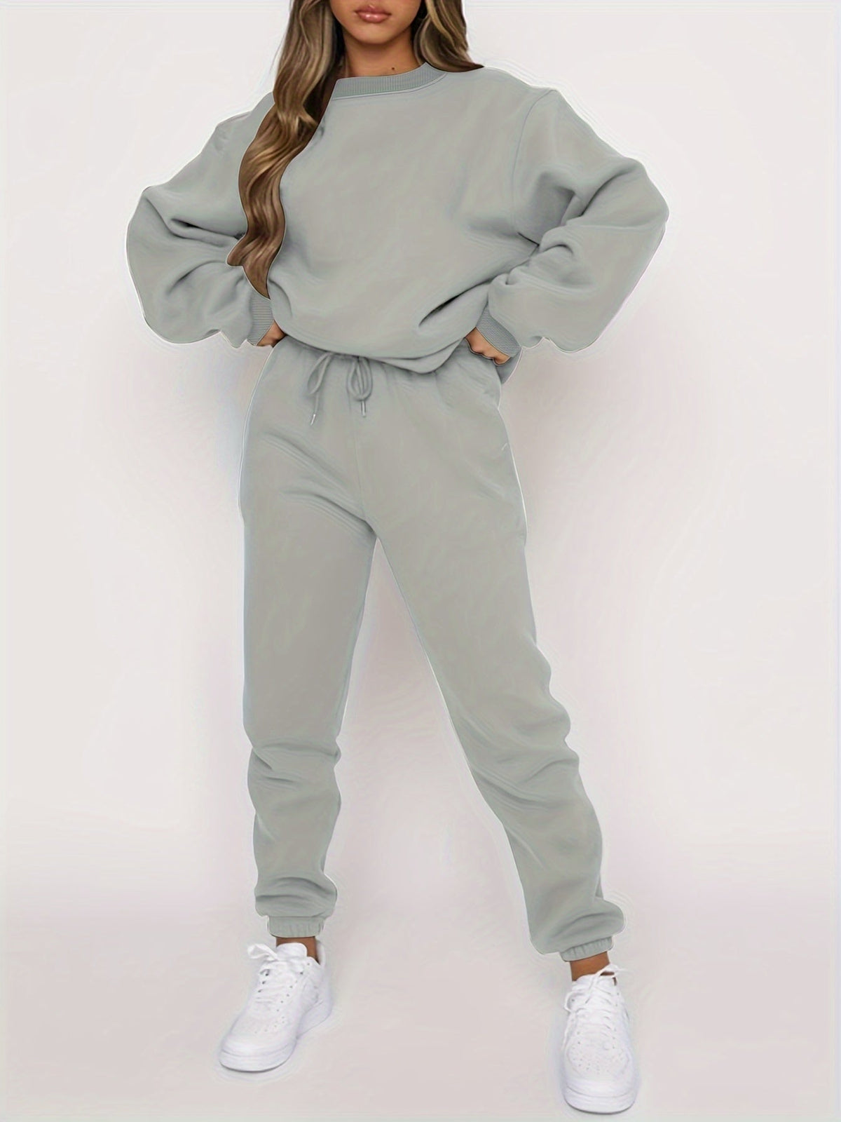 Women's 2-Piece Sweatshirt and Pants Set, Crew Neck Pullover with Elastic Waist Drawstring Joggers, Casual Lounge Suit, Beige/Grey/Black/Navy/Coffee, S-XXL